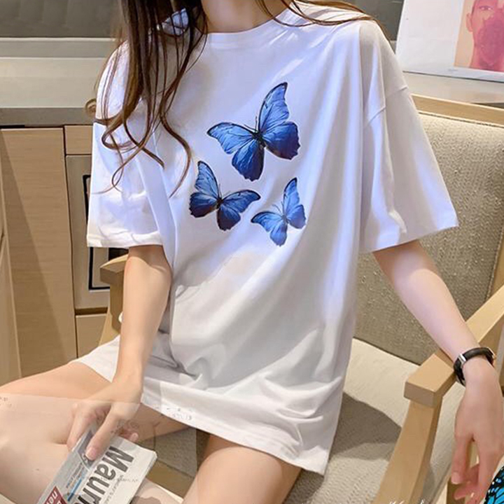 i6149-ao-thun-nu-unisex-mau-trang-in-hinh-con-buom-xanh
