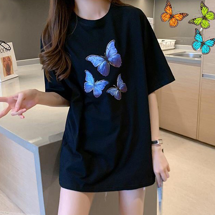 i6149-ao-thun-nu-unisex-tay-lo-mau-den-hinh-con-buom-xanh