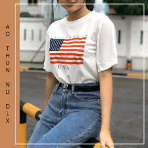 Áo Thun Nữ Màu Trắng Tay Ngắn In Hình Lá Cờ Mỹ USA